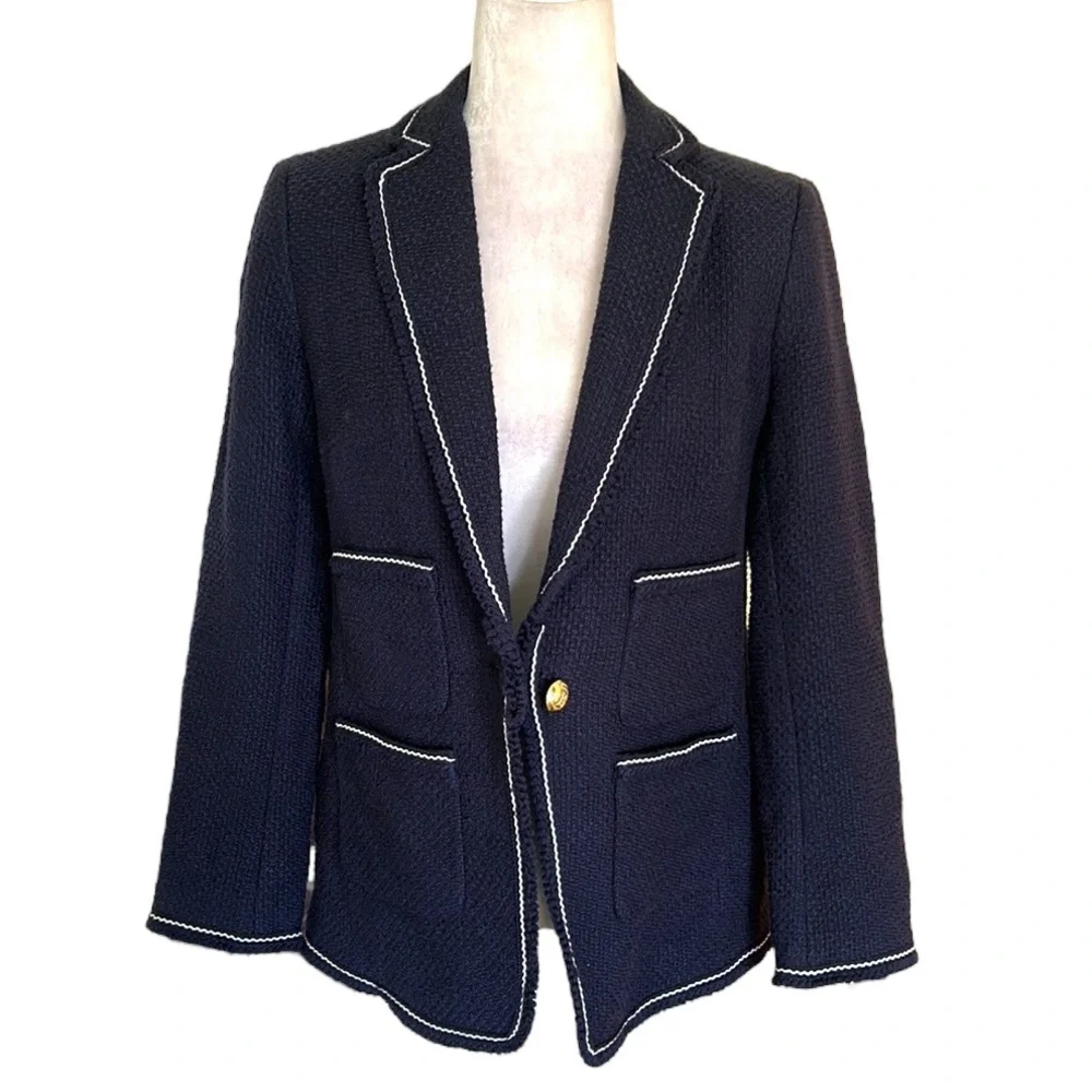 Talbots Navy Blue & White Tweed Gold Crested Button Blazer - 6 - Picture 14 of 14